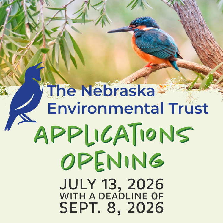 photo of a Common Kingfisher perched on a branch in a tree. The NET Logo Meadowlark is next to the words: The Nebraska Environmental Trust Applications Opening July 13, 2026 with a deadline of September 8, 2026
